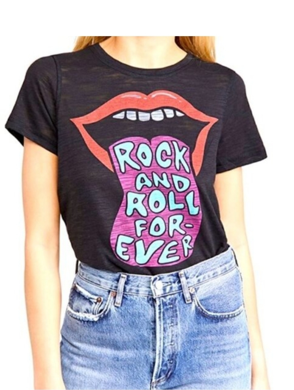 Chaser Black Graphic 'Rock and Roll Forever' Tee with Pink & Teal Print